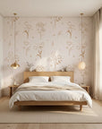 Stardust Field golden botanical wildflower wallpaper adding character to a cozy bedroom