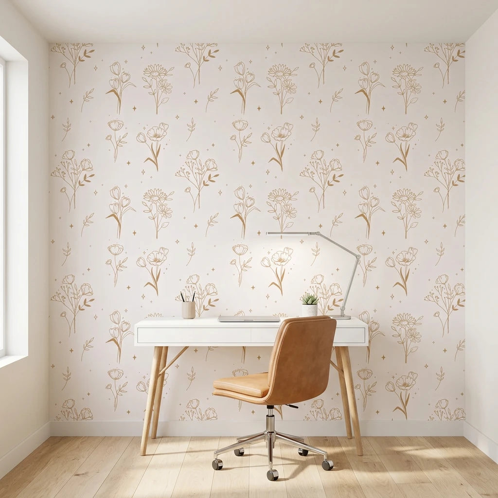 Stardust Field golden botanical wildflower wallpaper as a feature wall in a bright home office