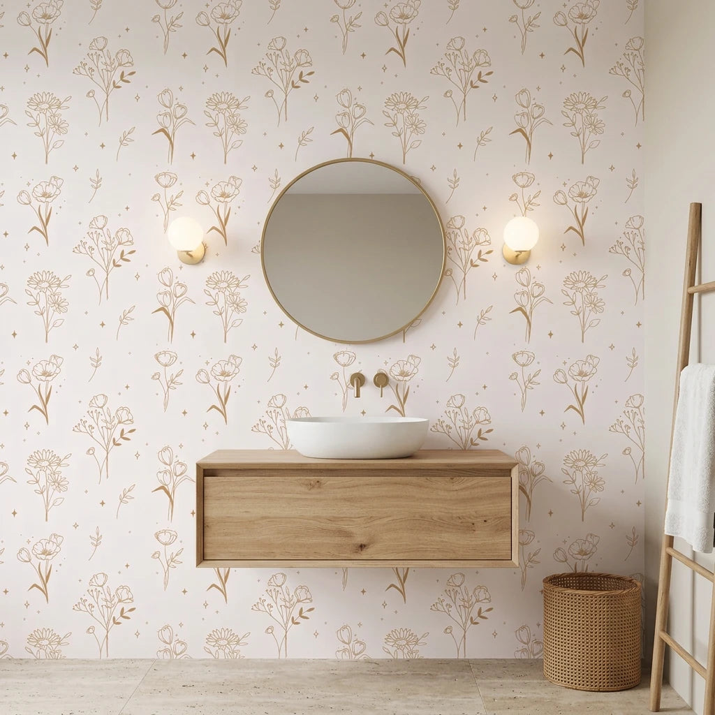 Stardust Field golden botanical wildflower wallpaper creating ambiance in a serene bathroom