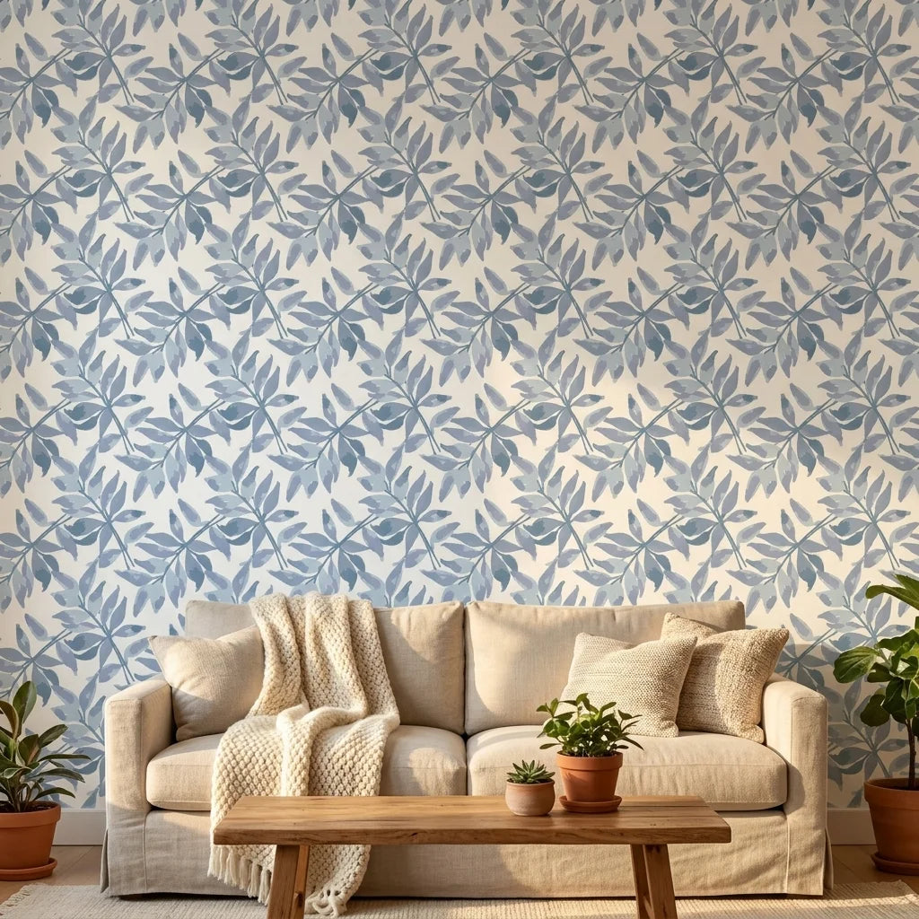 Starfall blue botanical peel and stick wallpaper in a warm and inviting living room
