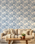 Starfall blue botanical peel and stick wallpaper in a warm and inviting living room