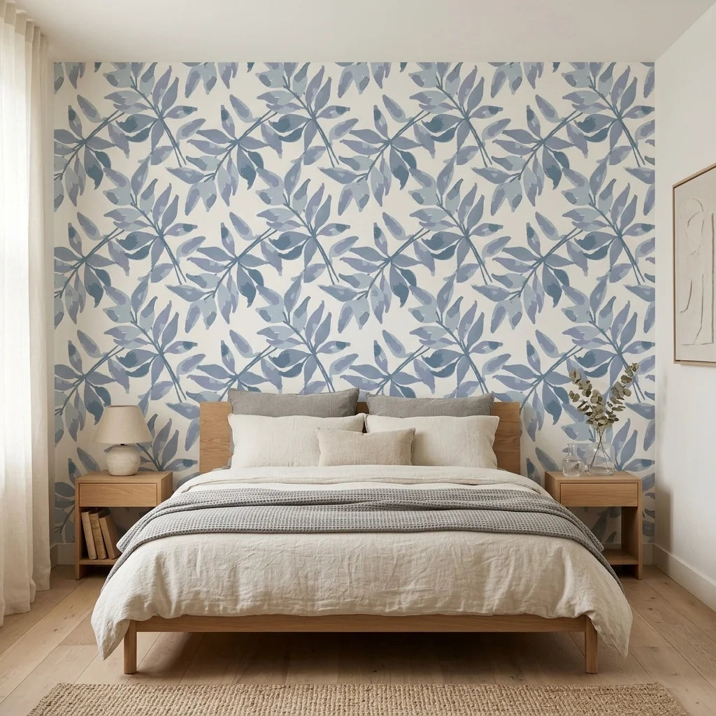 Starfall blue botanical peel and stick wallpaper adding character to a cozy bedroom