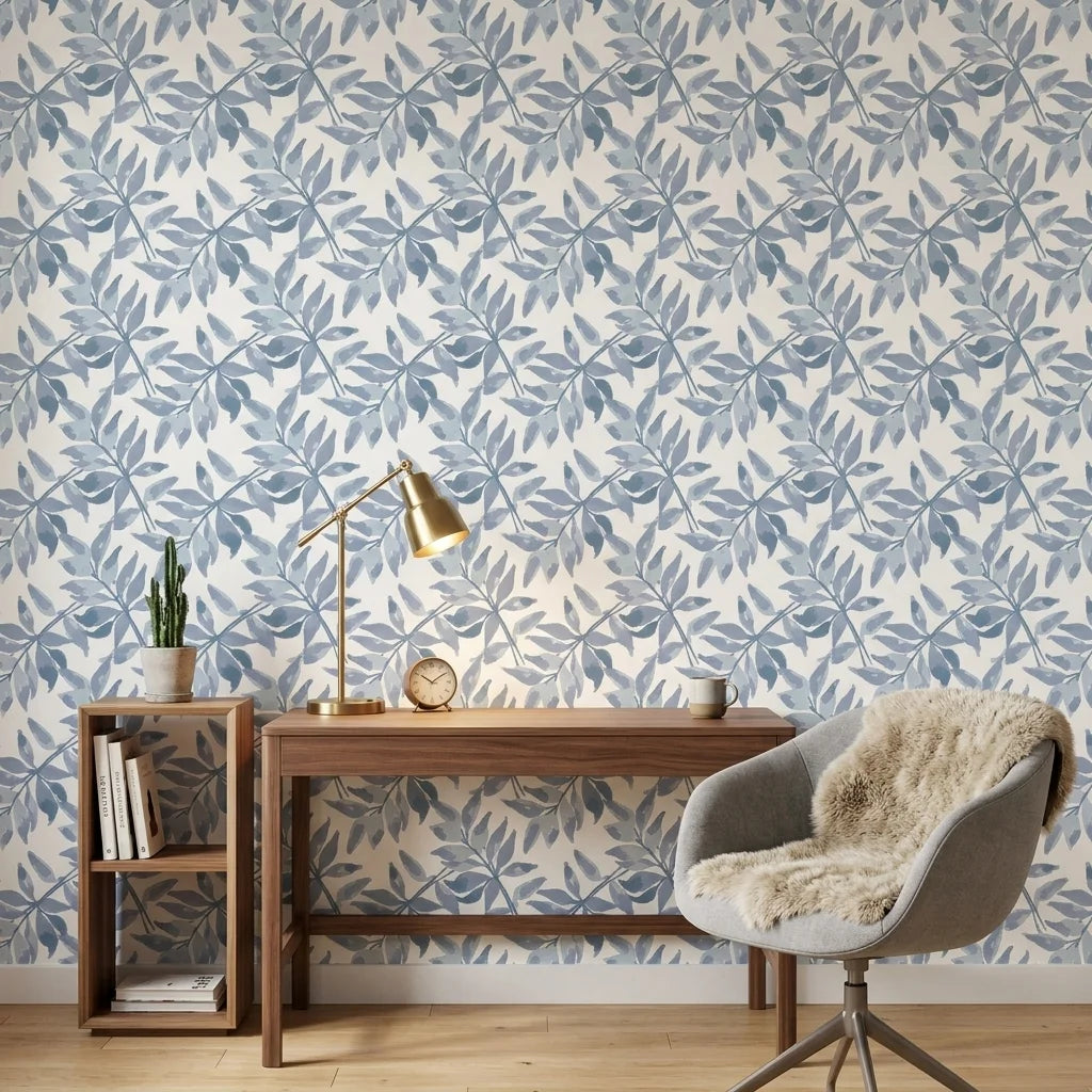 Starfall blue botanical peel and stick wallpaper as a feature wall in a bright home office