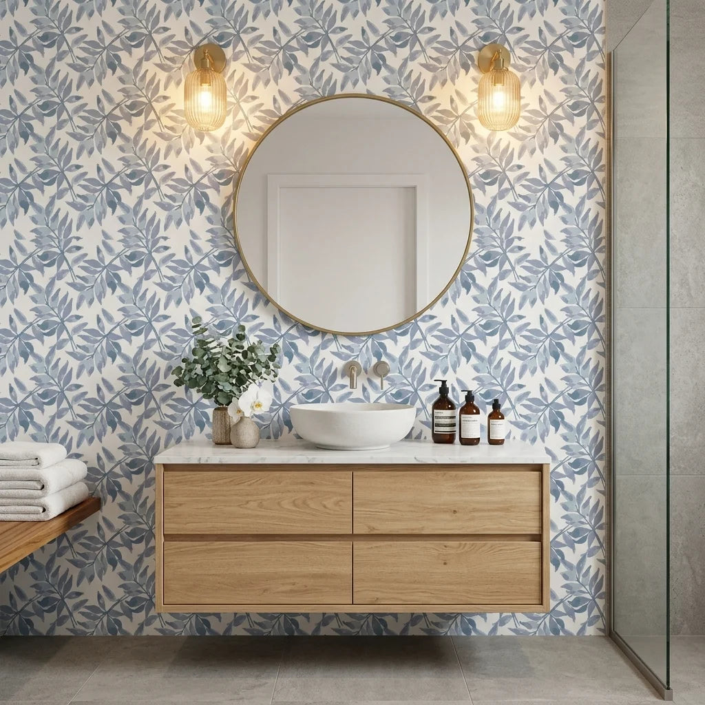 Starfall blue botanical peel and stick wallpaper creating ambiance in a serene bathroom