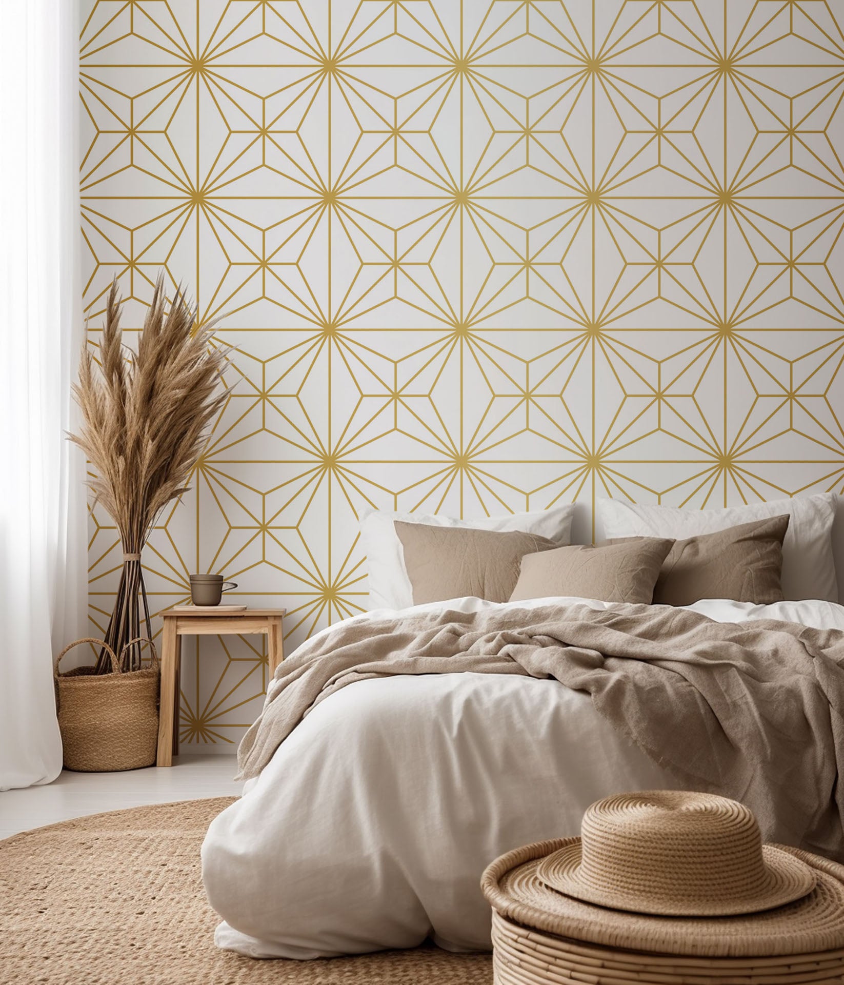 Peel and stick wallpaper featuring a geometric star tile design in white and gold