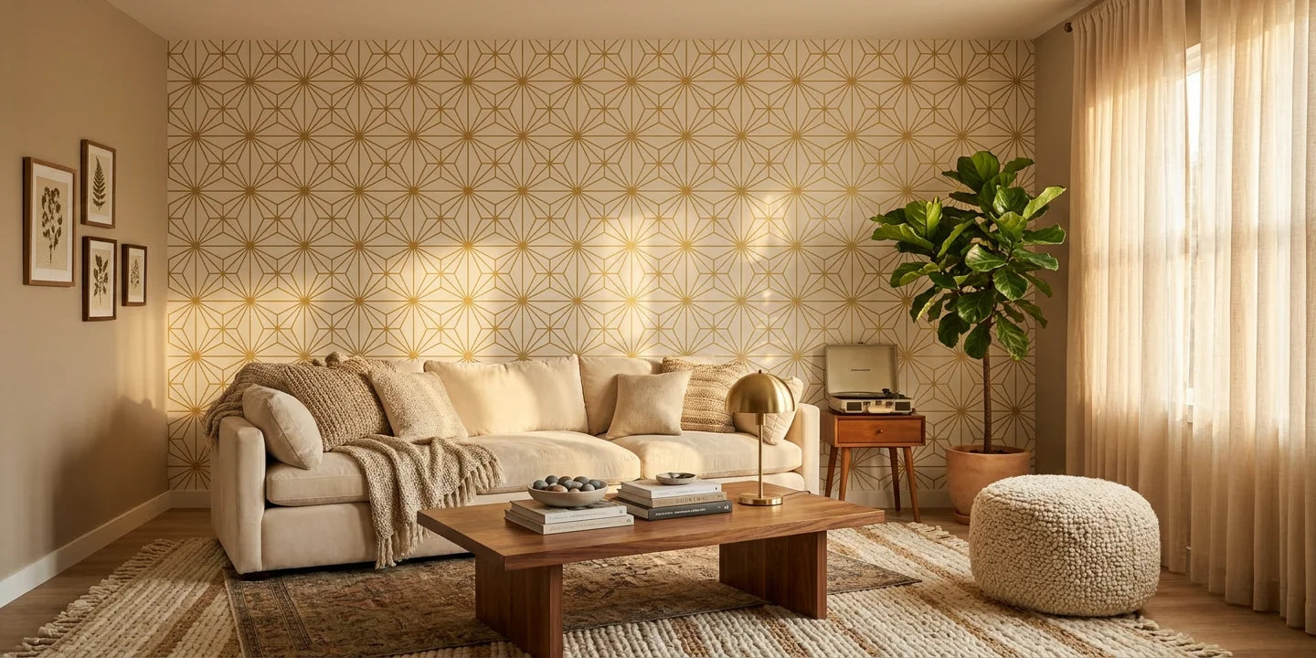 Starlight Geometry gold geometric star wallpaper in a warm and inviting living room