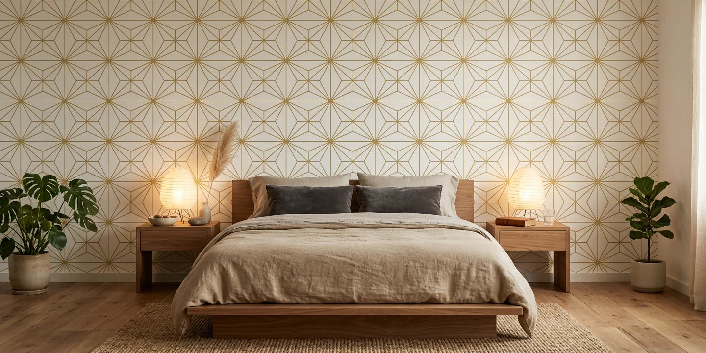 Starlight Geometry gold geometric star wallpaper adding character to a cozy bedroom