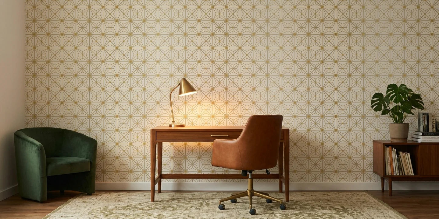 Starlight Geometry gold geometric star wallpaper as a feature wall in a bright home office