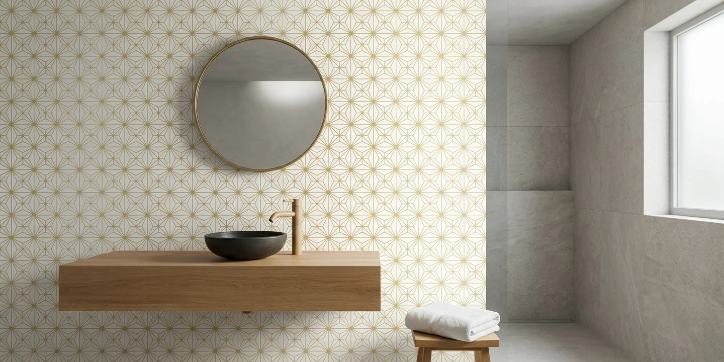 Starlight Geometry gold geometric star wallpaper creating ambiance in a serene bathroom