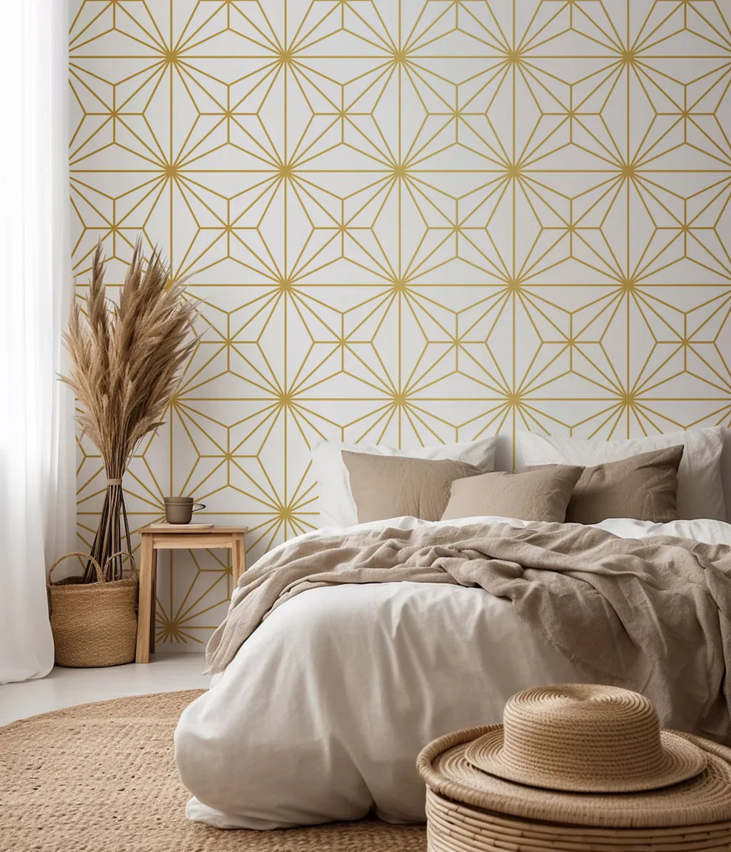 Peel and stick wallpaper featuring a geometric star tile design in white and gold