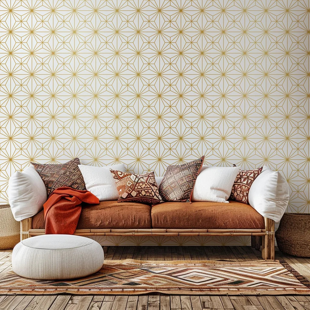 Peel and stick removable wallpaper featuring a white and gold star tile geometric pattern