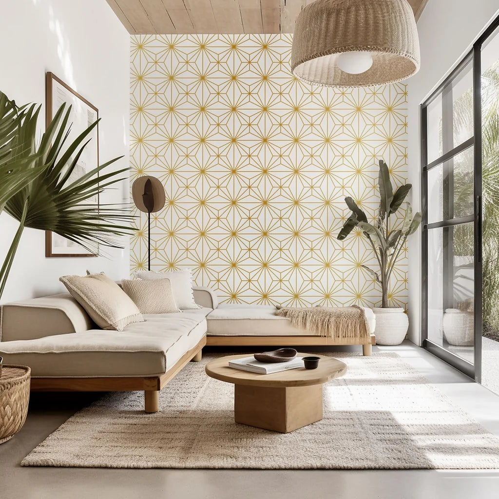 White peel and stick wallpaper featuring a gold geometric star tile pattern labeled Starlight Geometry