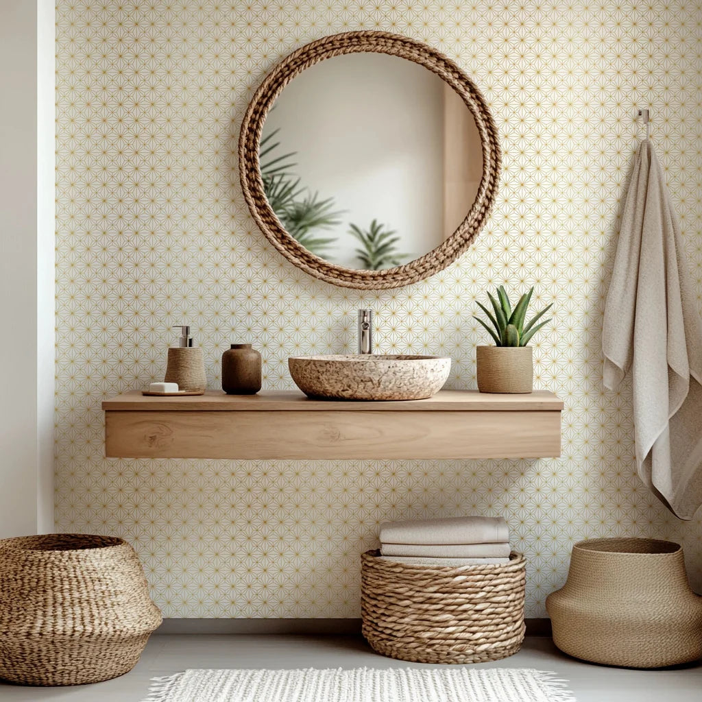 Self-adhesive wall covering featuring a white and gold geometric star tile pattern