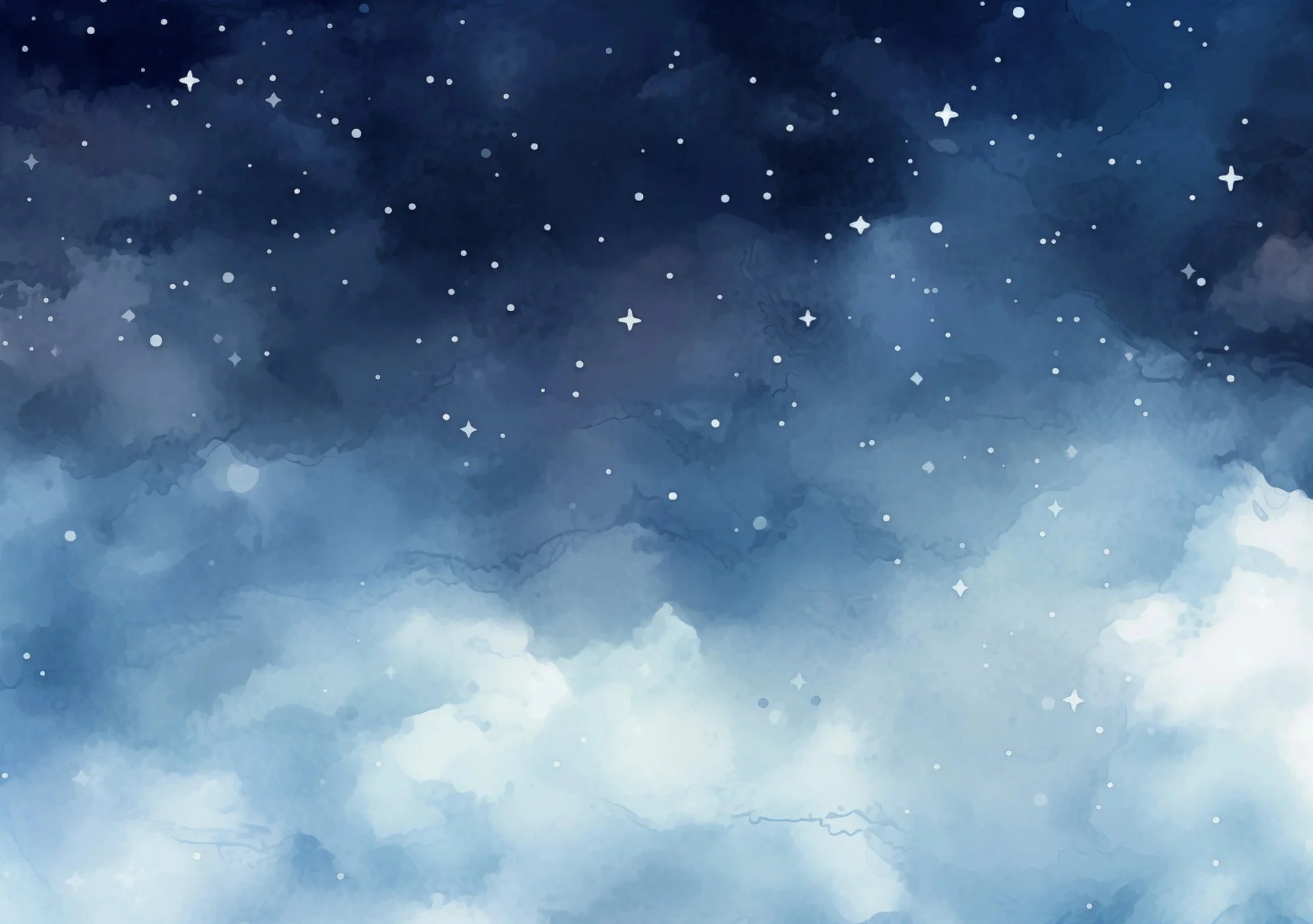 Dreamy Starlit Dreams wallpaper featuring watercolor blue clouds and twinkling white stars on navy sky