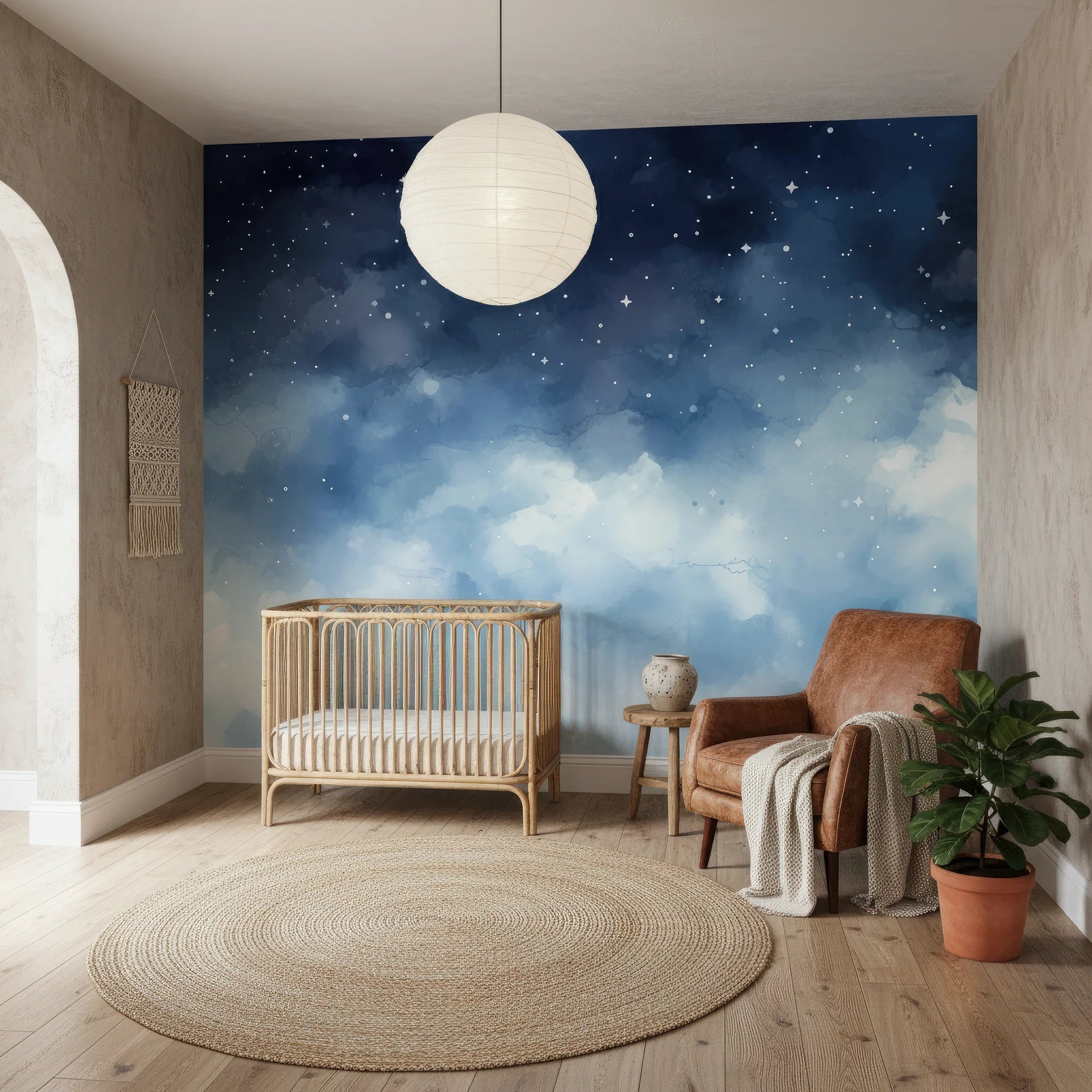 Starlit Dreams wallpaper featuring navy blue night sky with clouds and stars in serene nursery setting