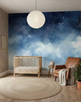 Starlit Dreams wallpaper featuring navy blue night sky with clouds and stars in serene nursery setting