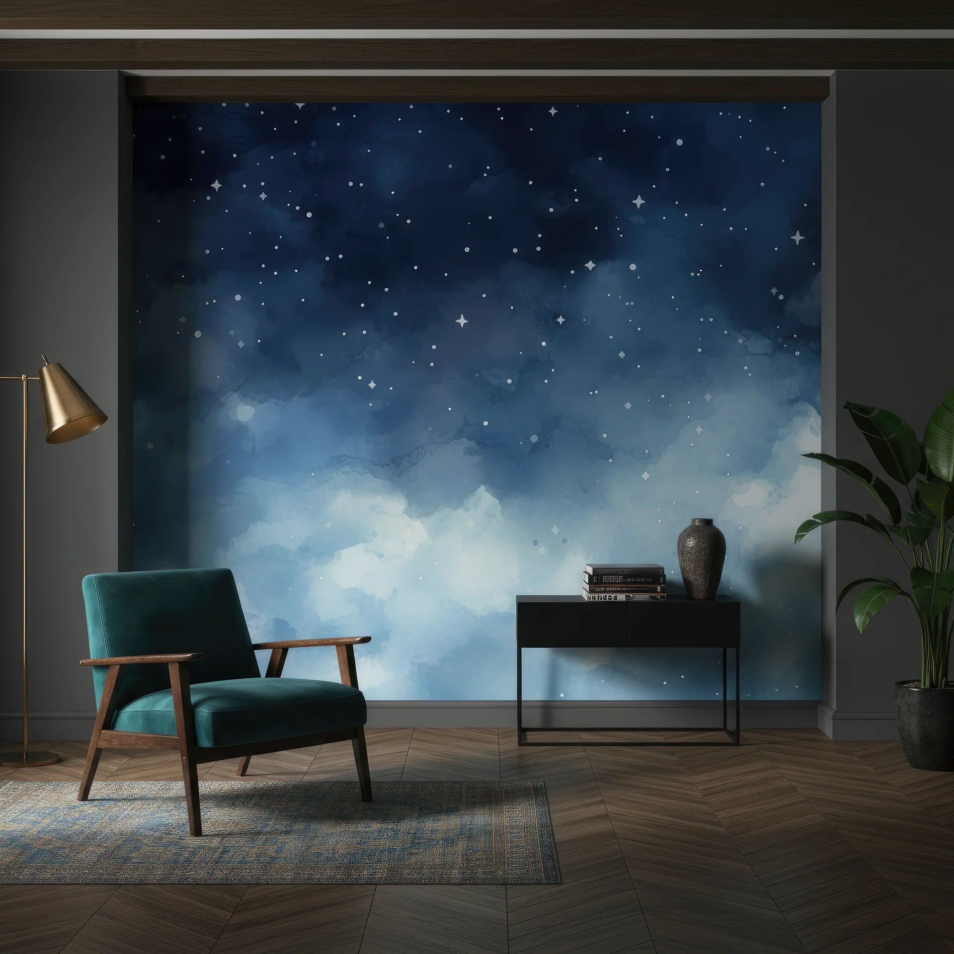 Starlit Dreams removable wallpaper featuring navy blue watercolor clouds and white stars on modern living room wall