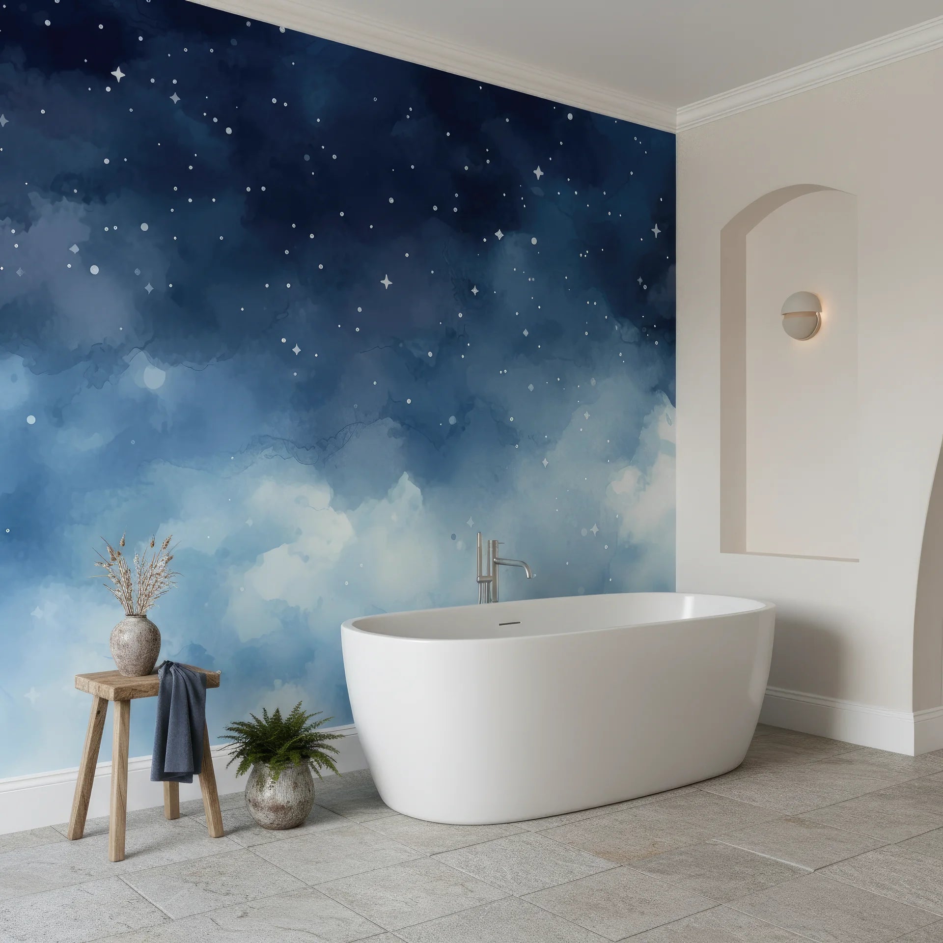 Navy and teal Starlit Dreams celestial wallpaper with stars and clouds in modern bathroom setting