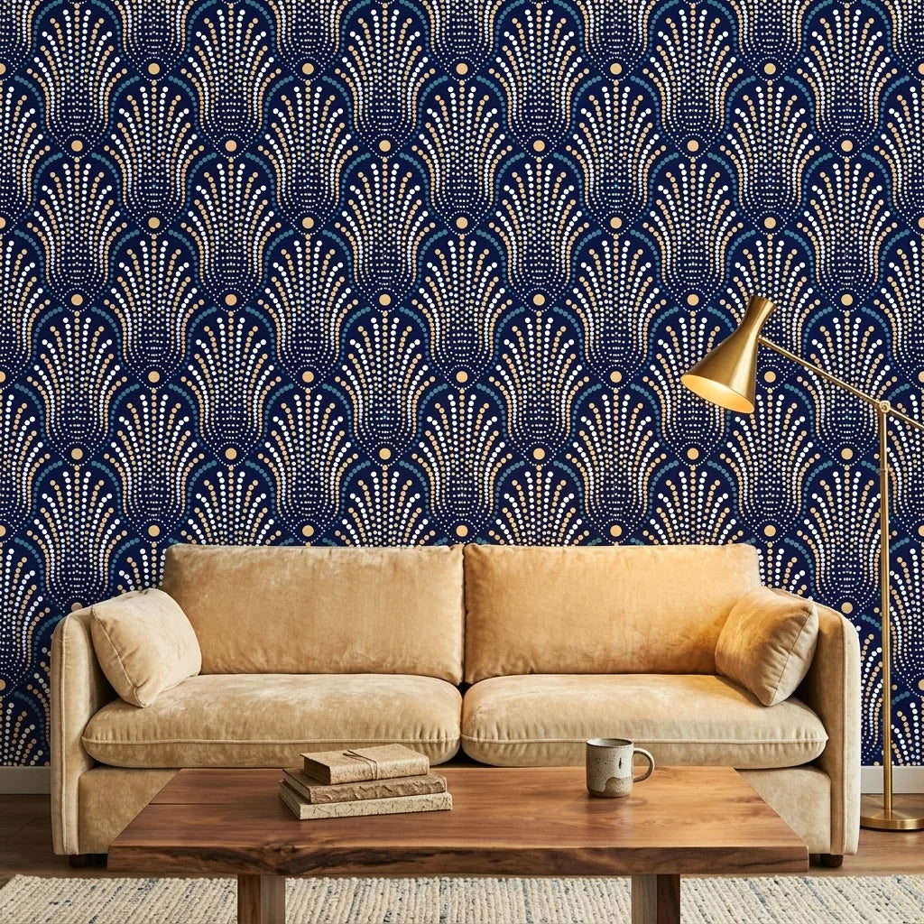 Starlit Swirl vibrant navy and gold dot pattern wallpaper creating ambiance in a serene bathroom