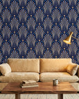 Starlit Swirl vibrant navy and gold dot pattern wallpaper creating ambiance in a serene bathroom
