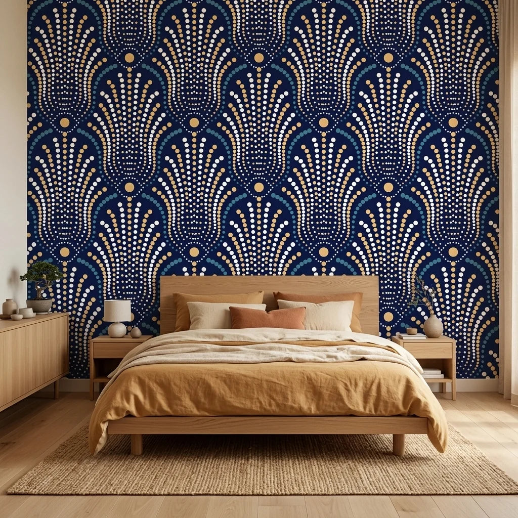 Starlit Swirl vibrant navy and gold dot pattern wallpaper in a warm and inviting living room