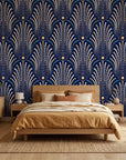 Starlit Swirl vibrant navy and gold dot pattern wallpaper in a warm and inviting living room