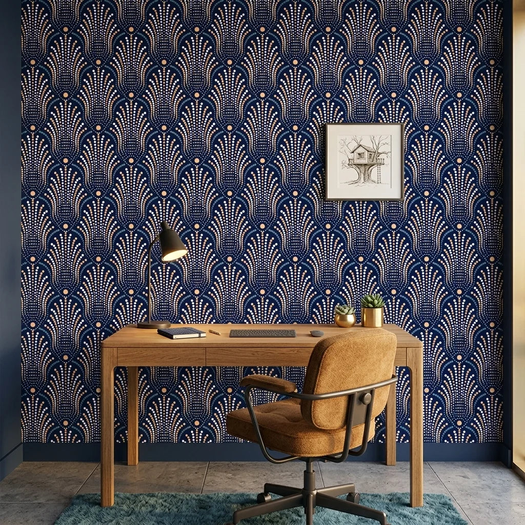 Starlit Swirl vibrant navy and gold dot pattern wallpaper adding character to a cozy bedroom