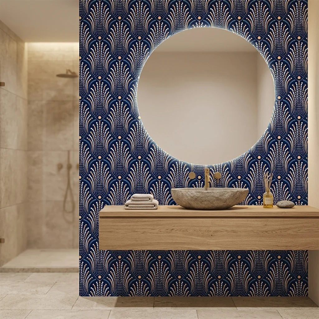 Starlit Swirl vibrant navy and gold dot pattern wallpaper as a feature wall in a bright home office
