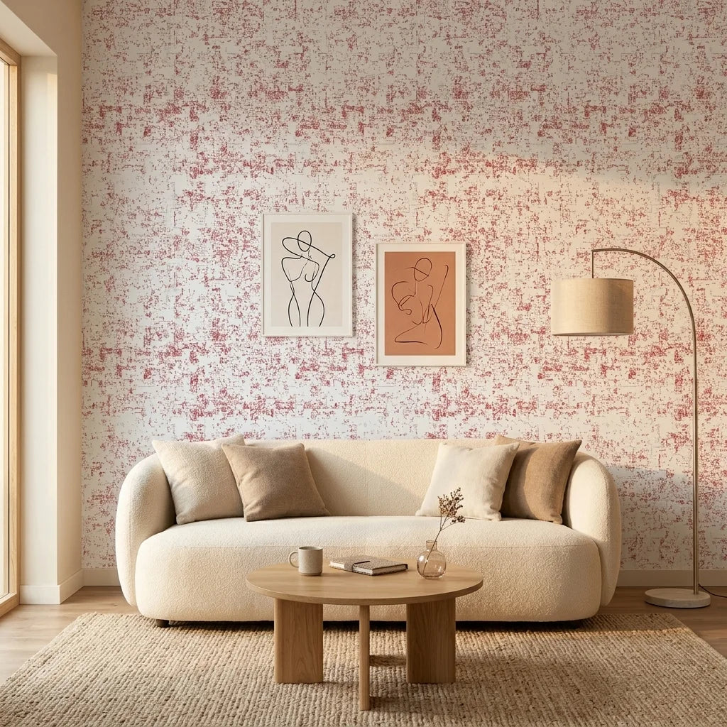 Static Field red abstract peel and stick wallpaper in a warm and inviting living room