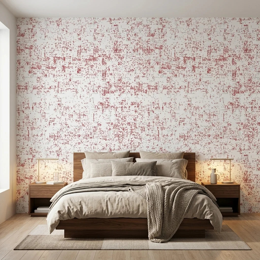 Static Field red abstract peel and stick wallpaper adding character to a cozy bedroom