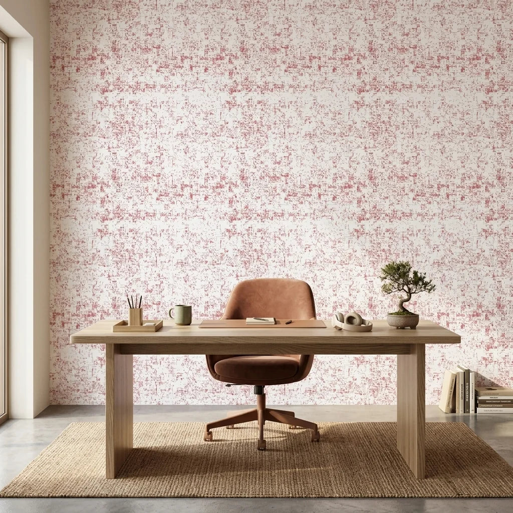 Static Field red abstract peel and stick wallpaper as a feature wall in a bright home office