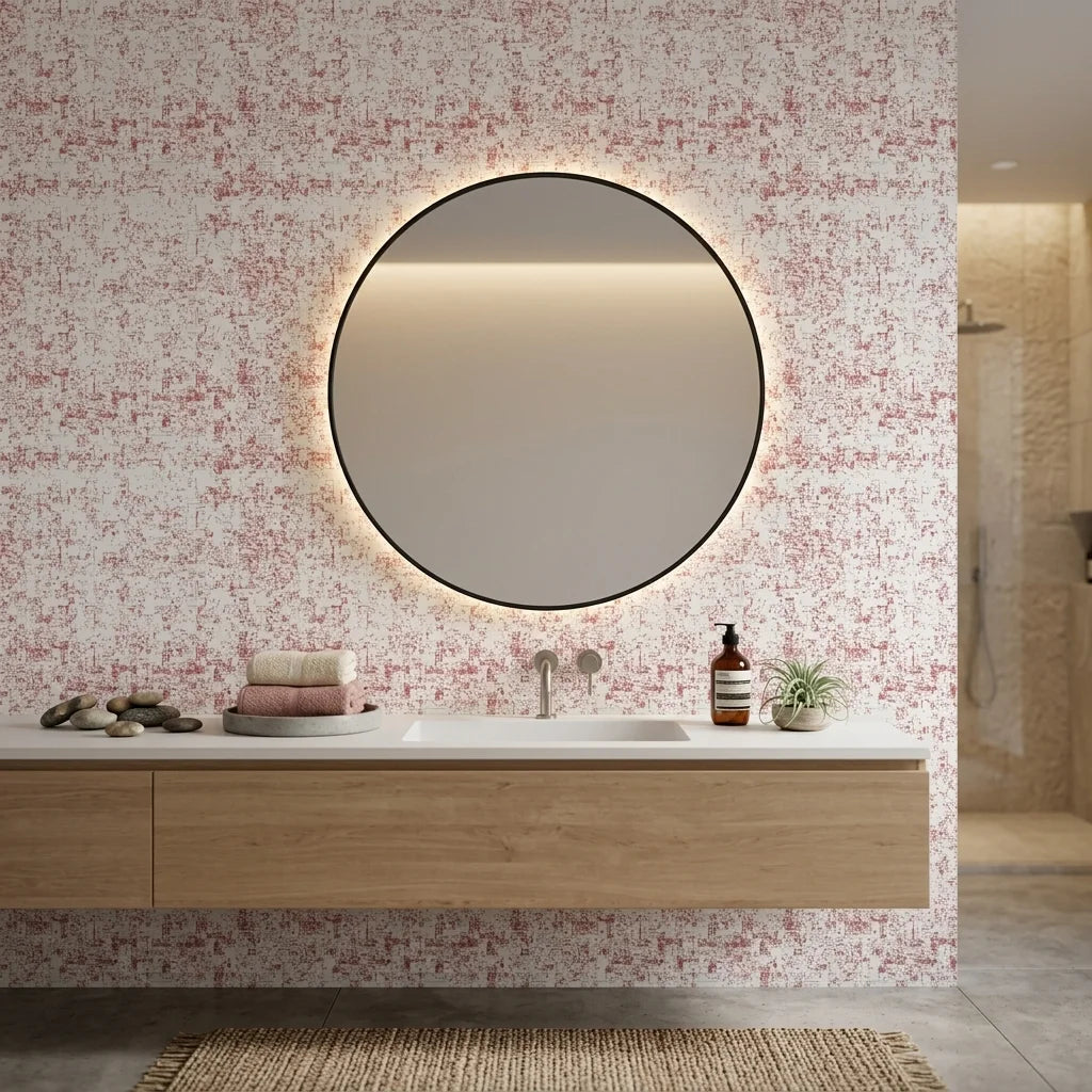 Static Field red abstract peel and stick wallpaper creating ambiance in a serene bathroom