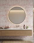 Static Field red abstract peel and stick wallpaper creating ambiance in a serene bathroom