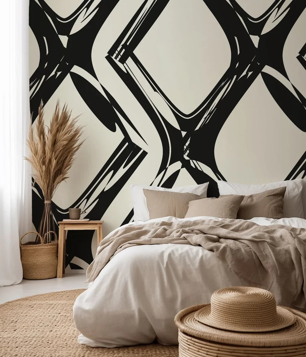 Self-adhesive wall covering, featuring a warped geometric grid pattern in a monochrome, abstract style, known as Static Quake