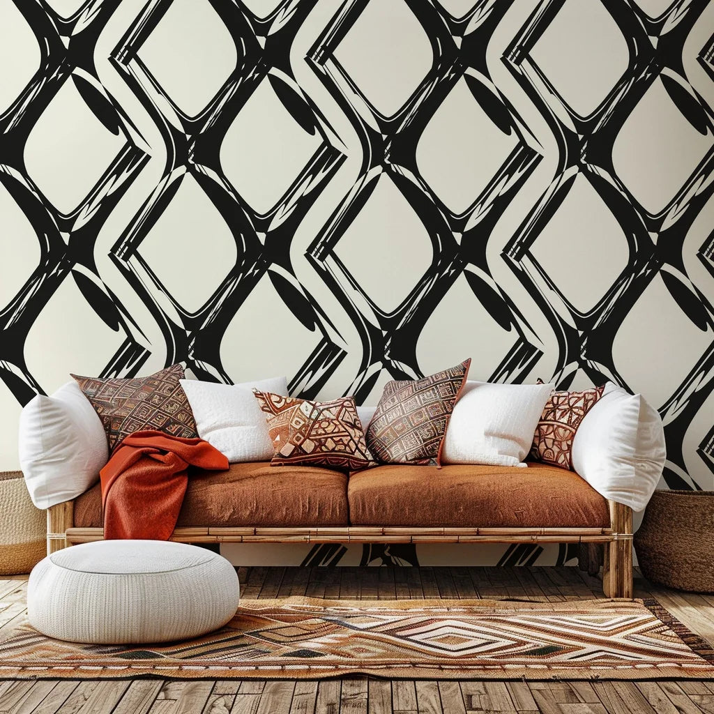 Peel and stick wallpaper featuring an abstract, black and white distorted geometric grid pattern, named Static Quake.
