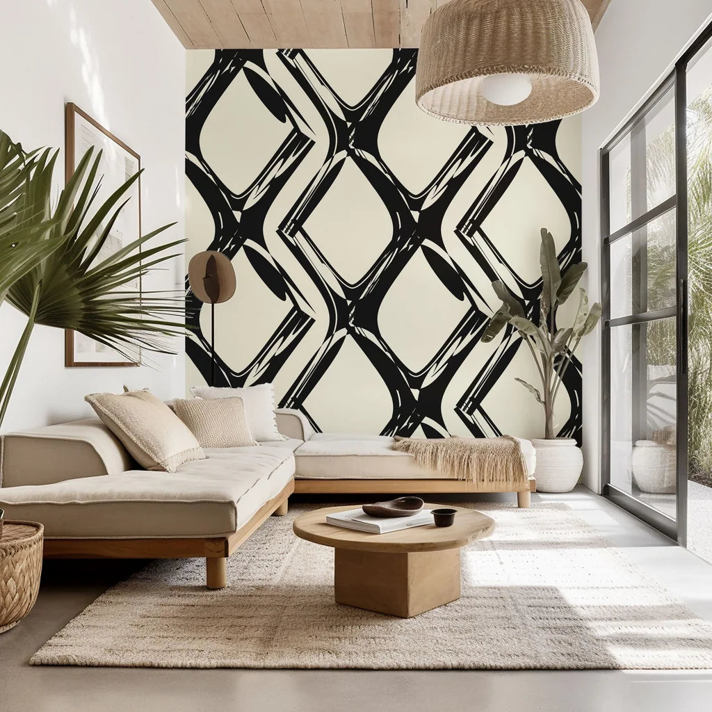 Monochromatic peel and stick wallpaper featuring a warped geometric grid pattern, Static Quake