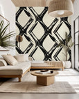 Monochromatic peel and stick wallpaper featuring a warped geometric grid pattern, Static Quake