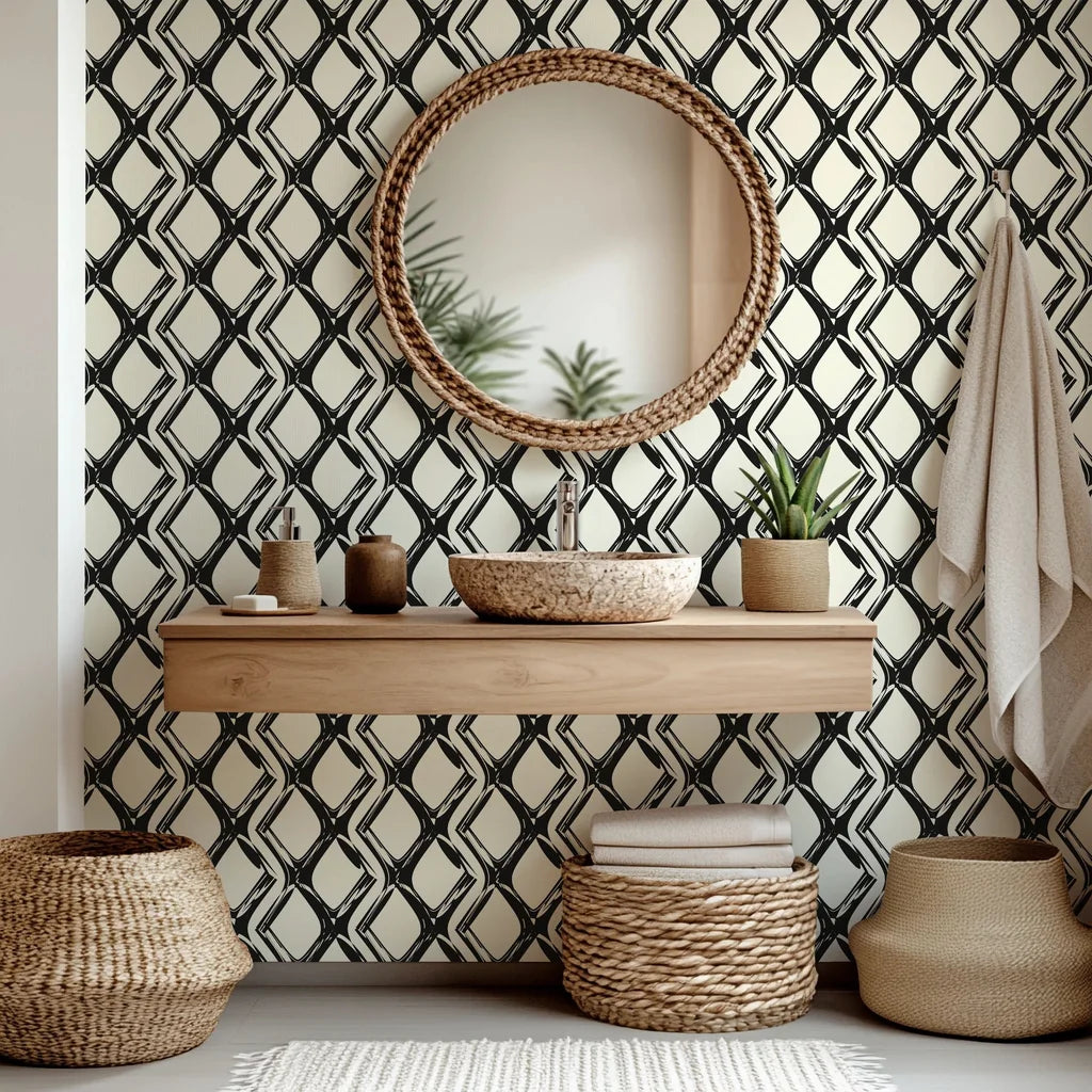 Peel-and-stick wall covering featuring a warped, monochromatic abstract geometric grid pattern, named Static Quake