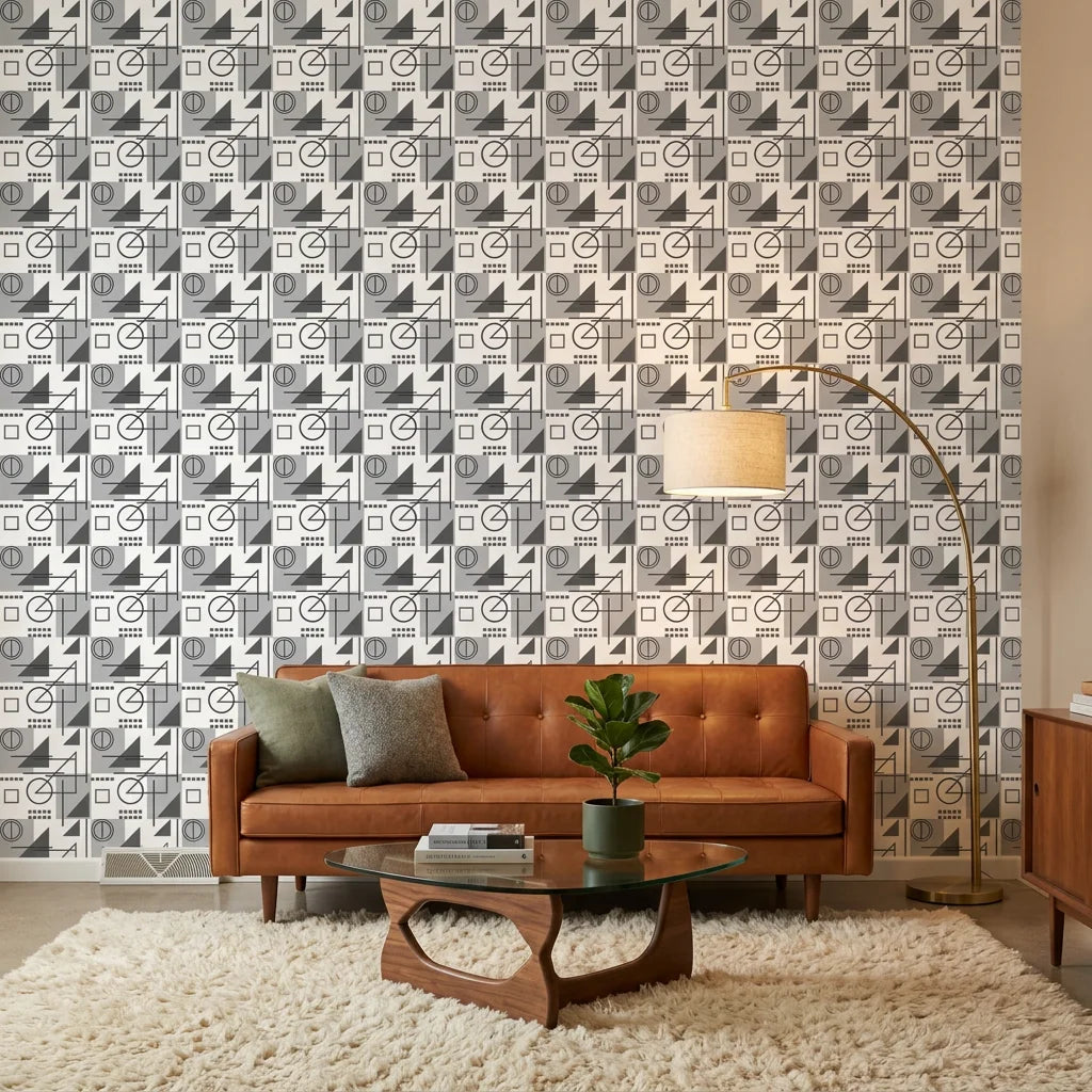 Steel Forms bold bauhaus geometric wallpaper in a warm and inviting living room
