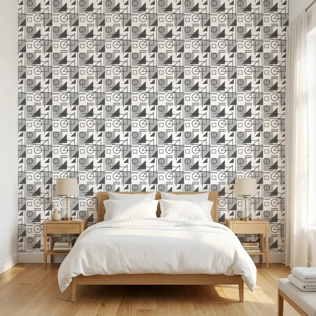 Steel Forms bold bauhaus geometric wallpaper adding character to a cozy bedroom