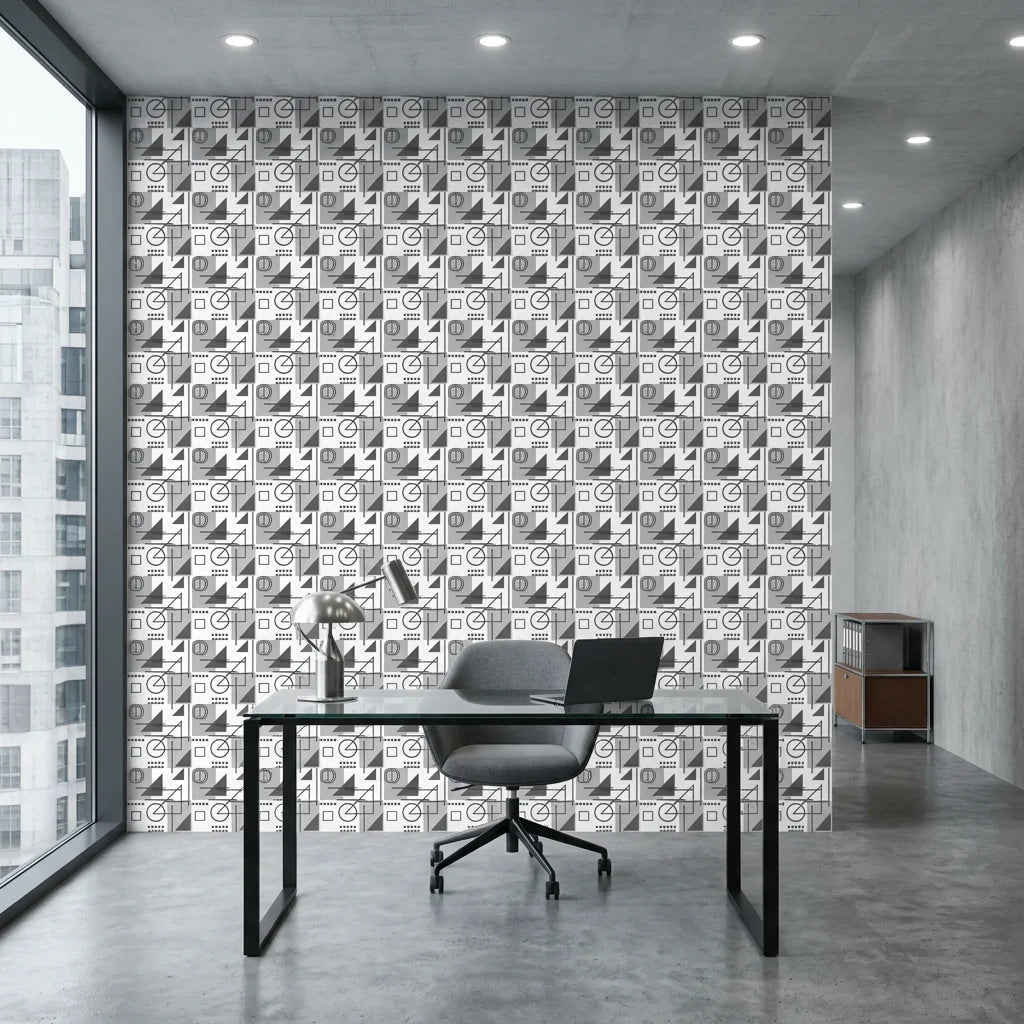 Steel Forms bold bauhaus geometric wallpaper as a feature wall in a bright home office