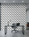 Steel Forms bold bauhaus geometric wallpaper as a feature wall in a bright home office