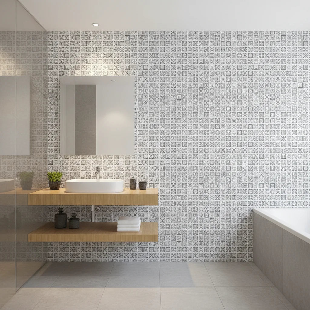 Steel Forms bold bauhaus geometric wallpaper creating ambiance in a serene bathroom