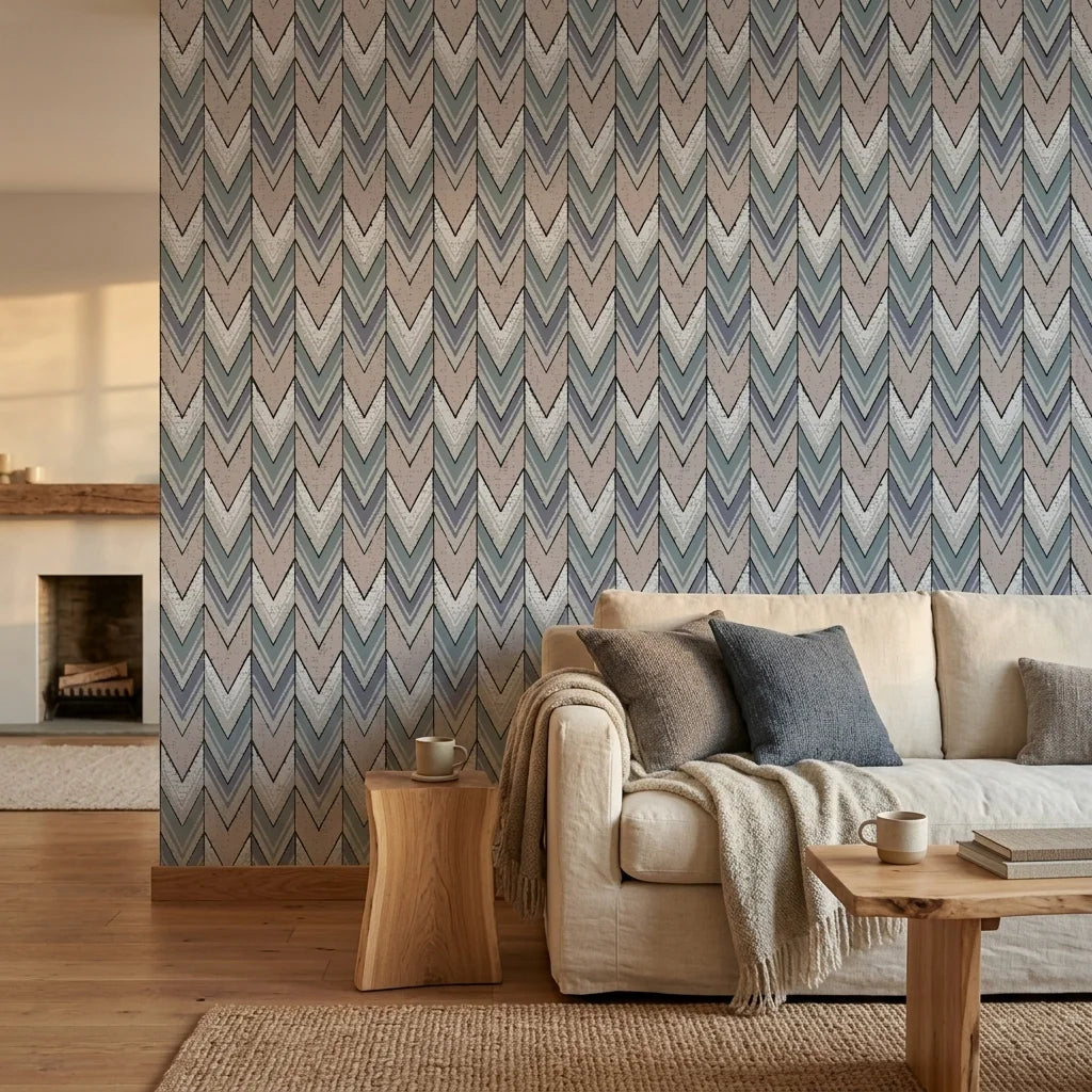 Steel Passage neutral chevron peel and stick wallpaper in a warm and inviting living room