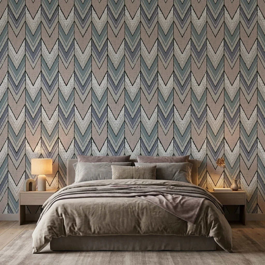 Steel Passage neutral chevron peel and stick wallpaper adding character to a cozy bedroom