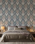 Steel Passage neutral chevron peel and stick wallpaper adding character to a cozy bedroom