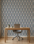 Steel Passage neutral chevron peel and stick wallpaper as a feature wall in a bright home office
