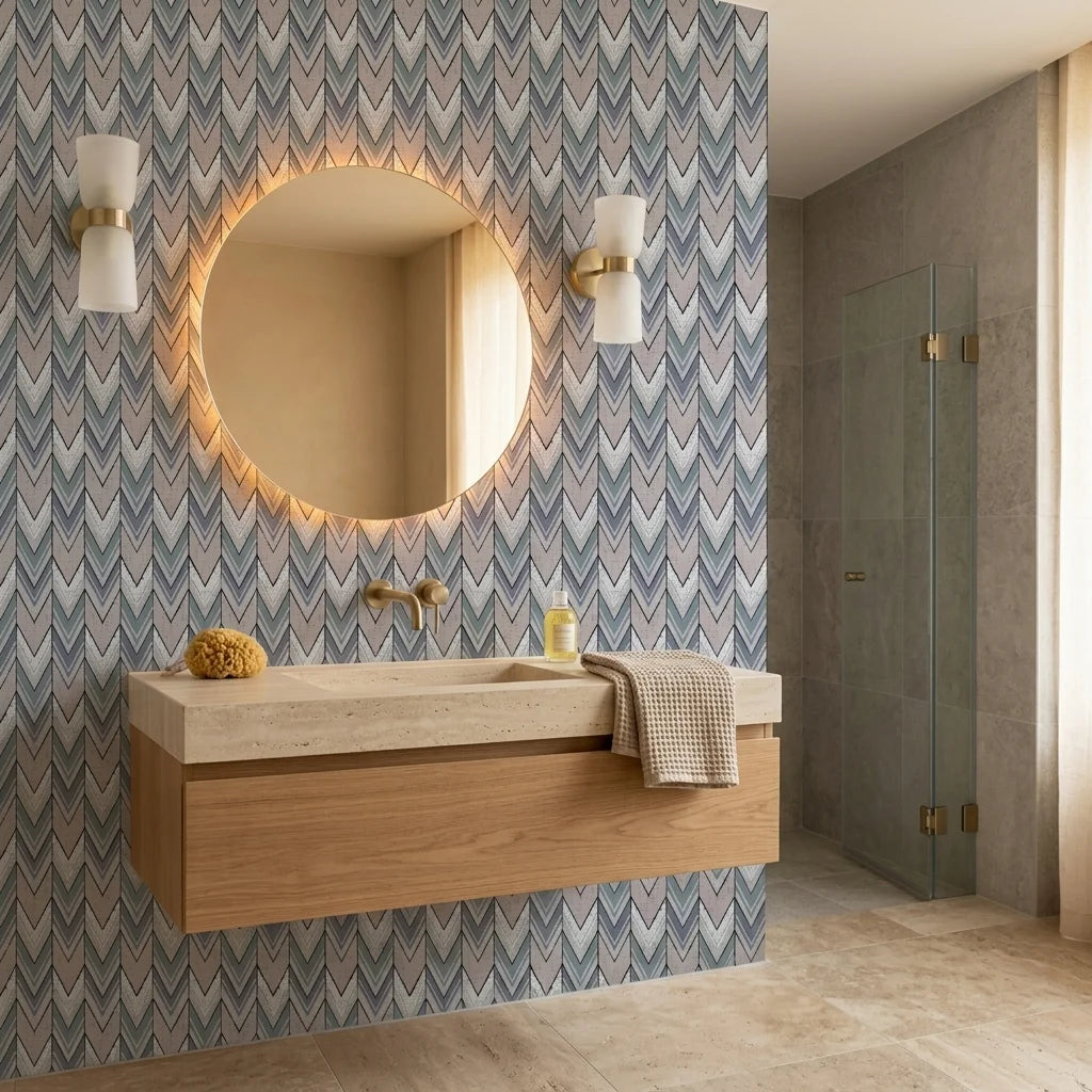 Steel Passage neutral chevron peel and stick wallpaper creating ambiance in a serene bathroom