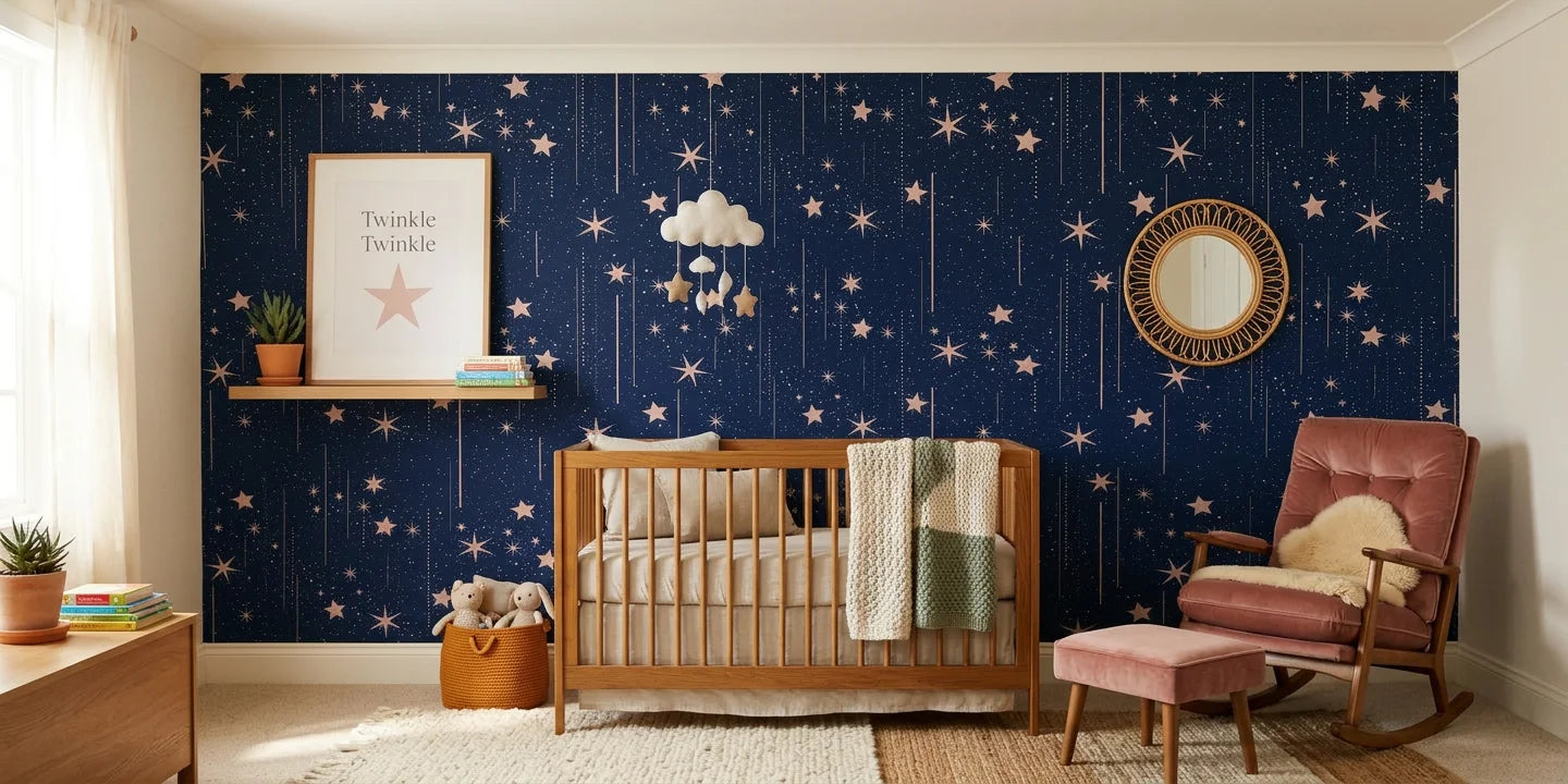 Stellar Bloom celestial sky wallpaper in a warm and inviting living room