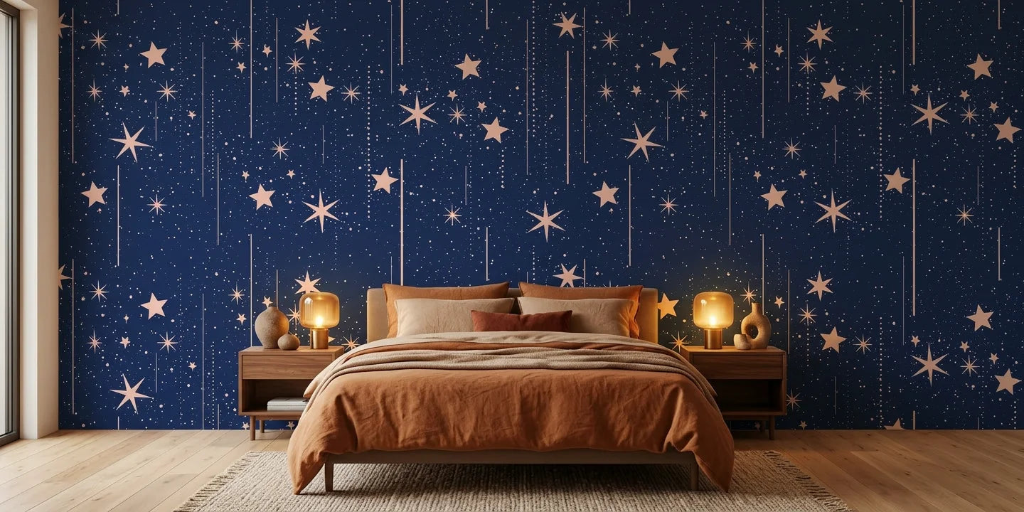 Stellar Bloom celestial sky wallpaper adding character to a cozy bedroom